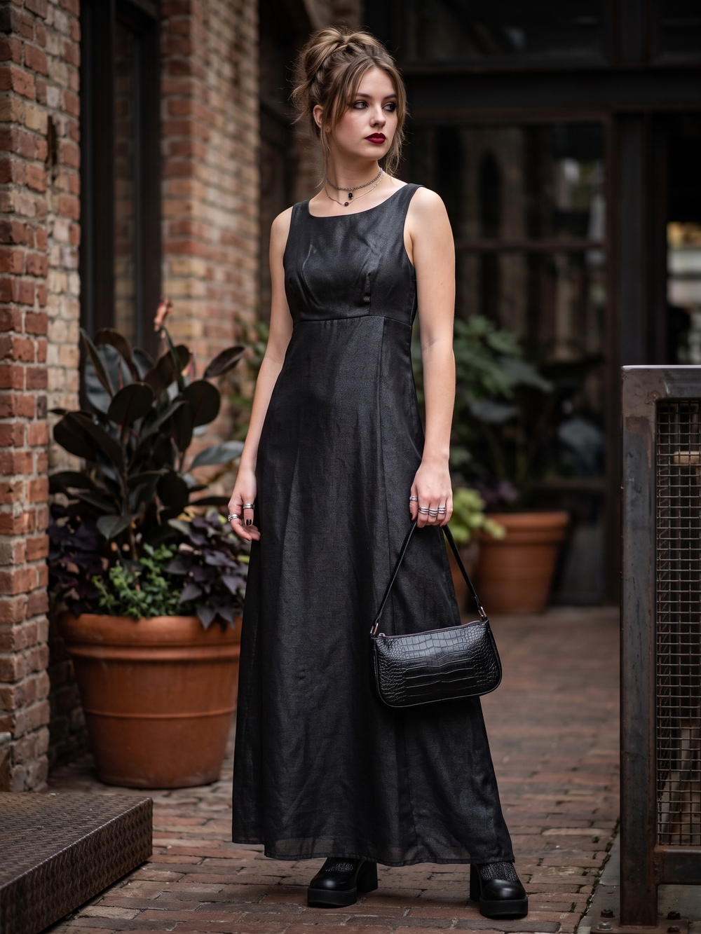 Vintage Esprit 90s Whimsigoth Shimmer Formal Gown Sleeveless Black Maxi Dress